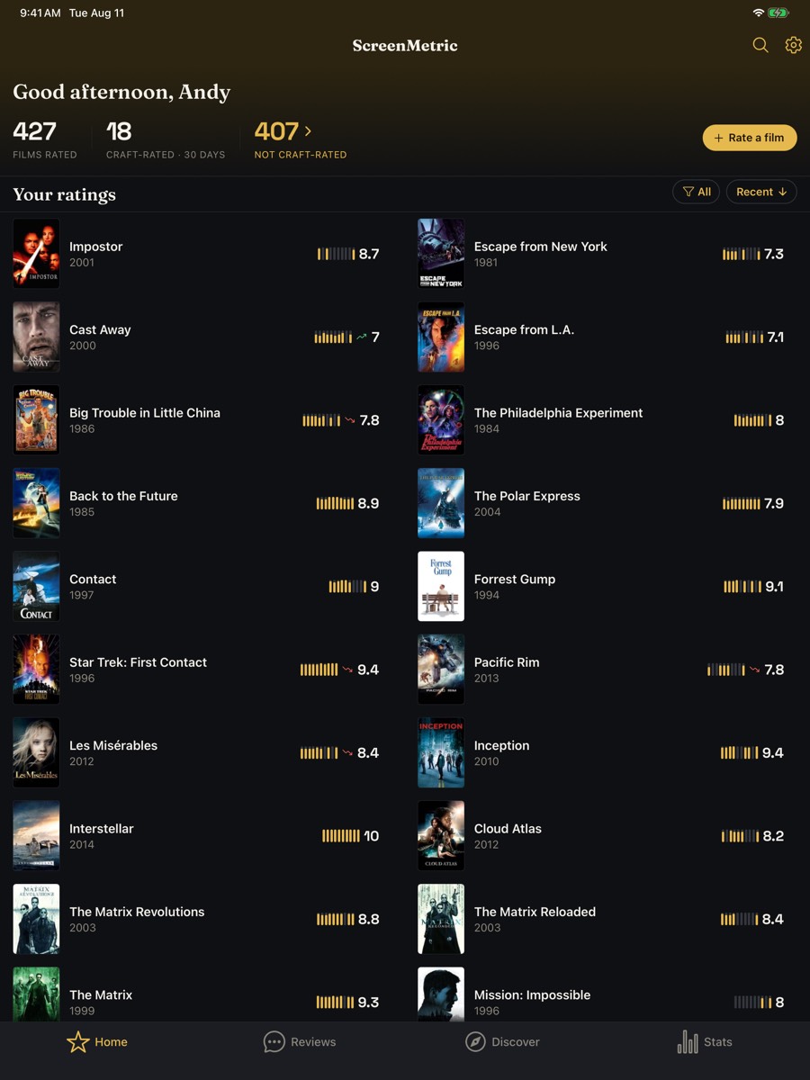 Home on iPad showing your rated films in two columns, each with its score and a ten-bar craft fingerprint
