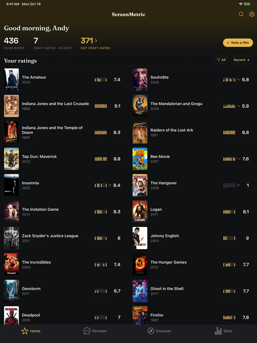 Home on iPad showing your rated films in two columns, each with its score and a ten-bar craft fingerprint