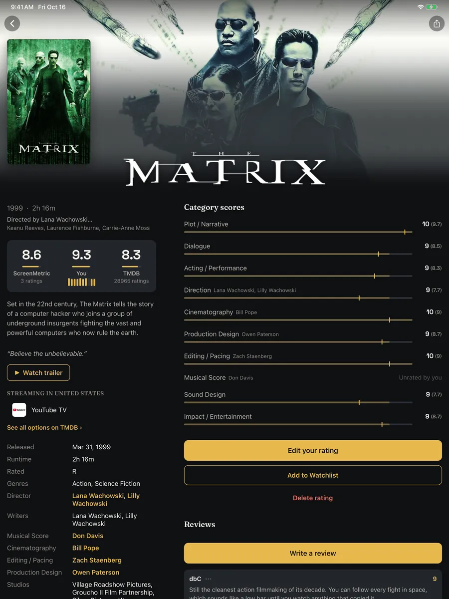 A film on iPad: poster, score card, synopsis, streaming services, and the full credits table in the left column, with category scores and reviews in the right