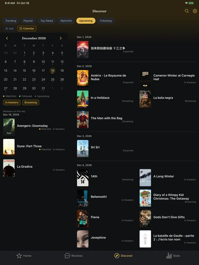 The release calendar on iPad