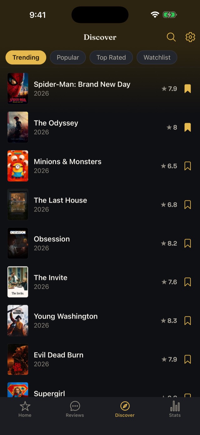 Discover tab with Trending, Popular, Top Rated and Watchlist segments over a list of films with community ratings