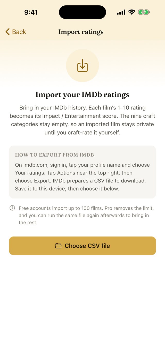 Import screen explaining how to export your ratings from IMDb and choose the CSV file