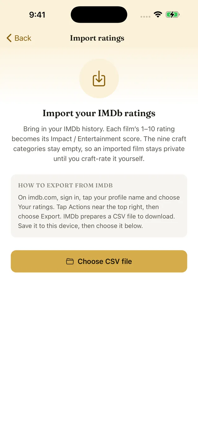 Import screen explaining how to export your ratings from IMDb and choose the CSV file