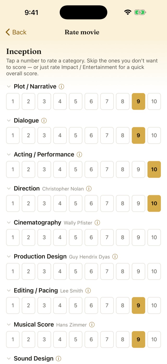 The rating screen for Inception, with a row of buttons from 1 to 10 under each category and the credited crew named beside their craft