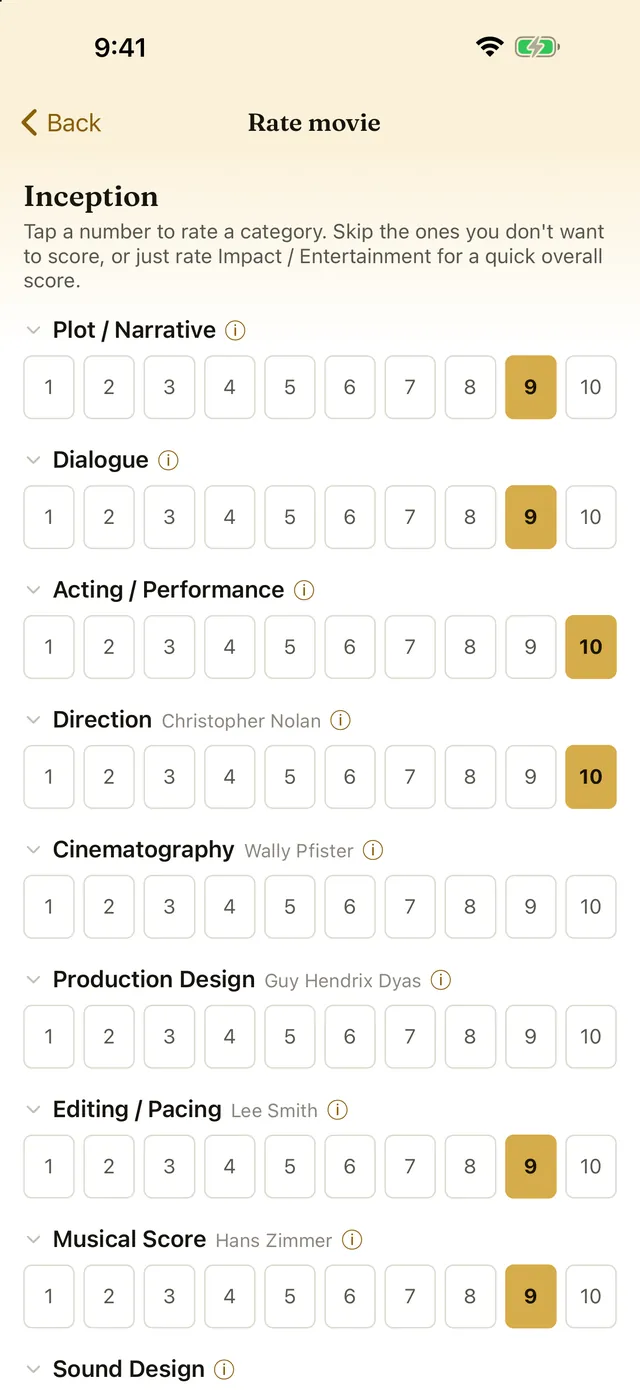 The rating screen for Inception, with a row of buttons from 1 to 10 under each category and the credited crew named beside their craft