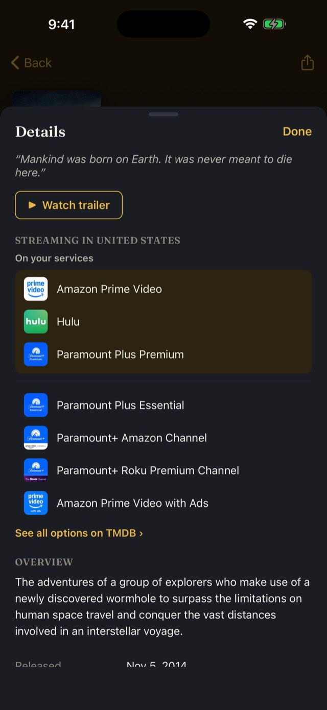 A film's More sheet showing which streaming services carry it, with the ones you subscribe to marked