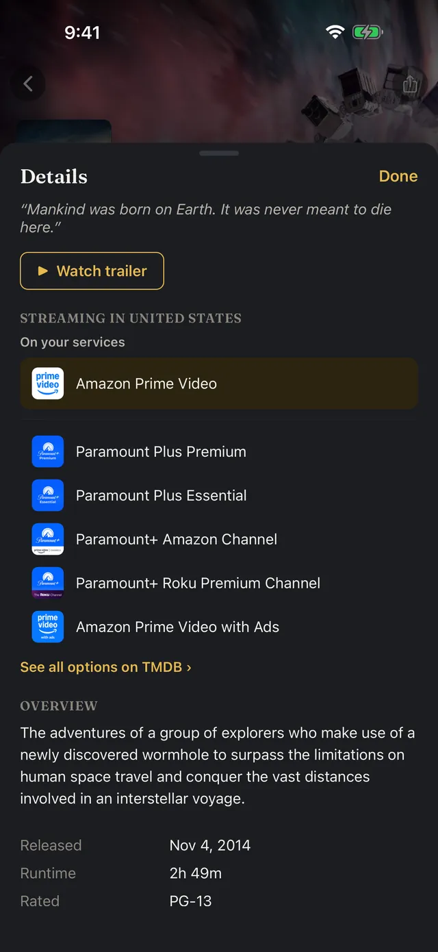 A film's More sheet showing which streaming services carry it, with the ones you subscribe to marked