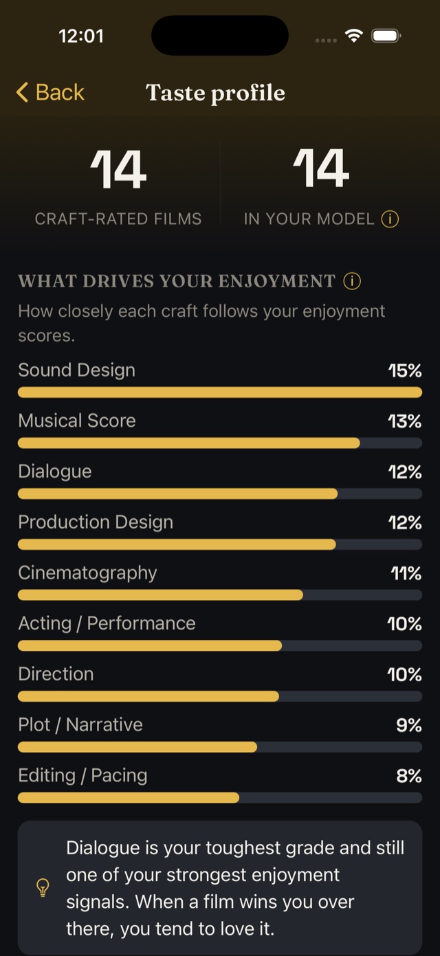 Taste profile screen in the Dark theme