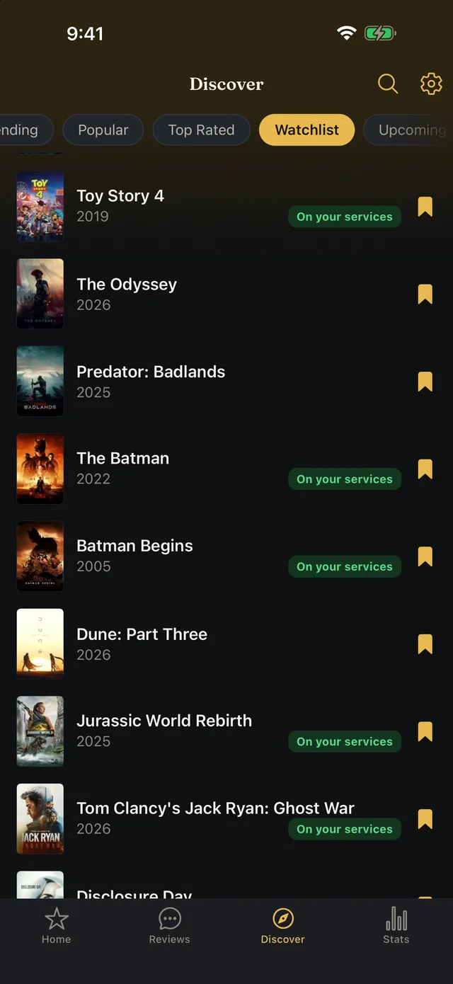 Watchlist screen with films tagged as available on your streaming services